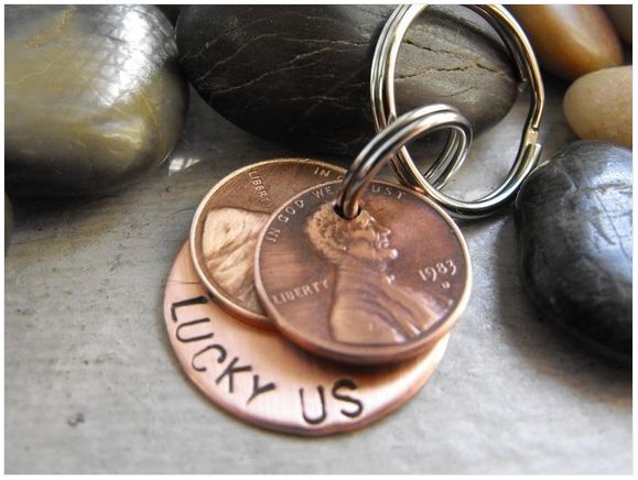 Lucky Us Copper Keychain with two lucky pennies