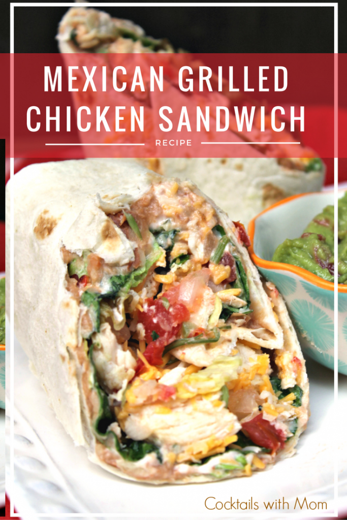 Mexican grilled chicken wrap sandwich with refried beans with text overlay - Mexican Grilled Chicken Wrap Sandwich Recipe