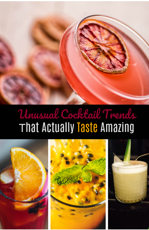 bright colored cocktails with text overlay-unusual cocktail trends